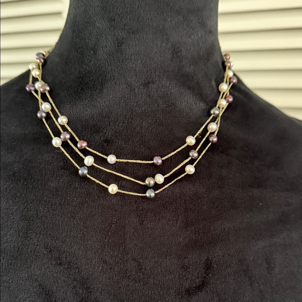 Layered Gold Chain Necklace with White, Pink & Gray Pearls